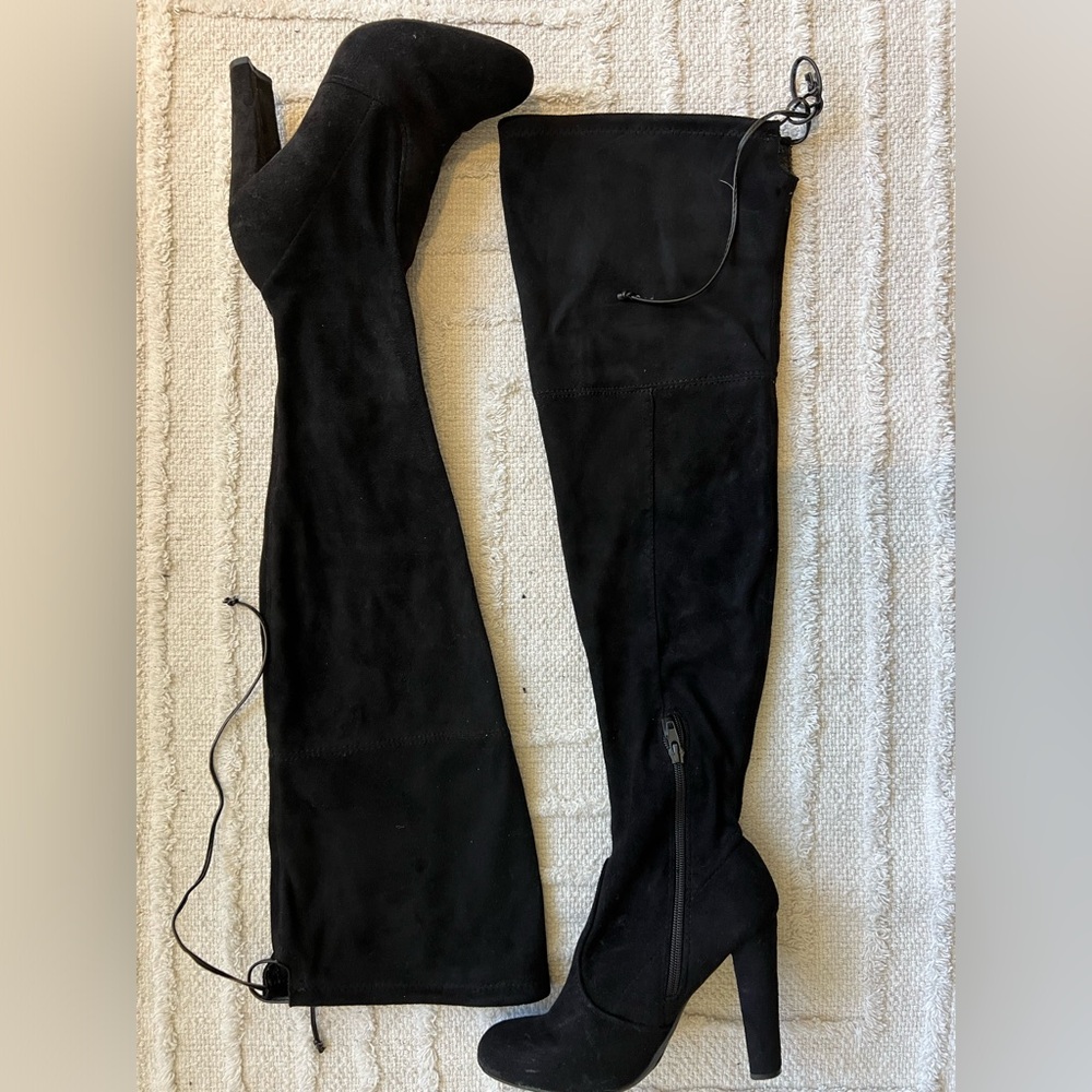 WILD DIVA LOUNGE Black Velvet Suede Over The Knee Tie Up High Boots- Size 6